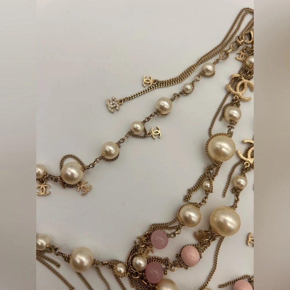 Chanel 100% Authentic Pearl 3 Large CC Long Necklace Silver Pink Tone 20 Inch